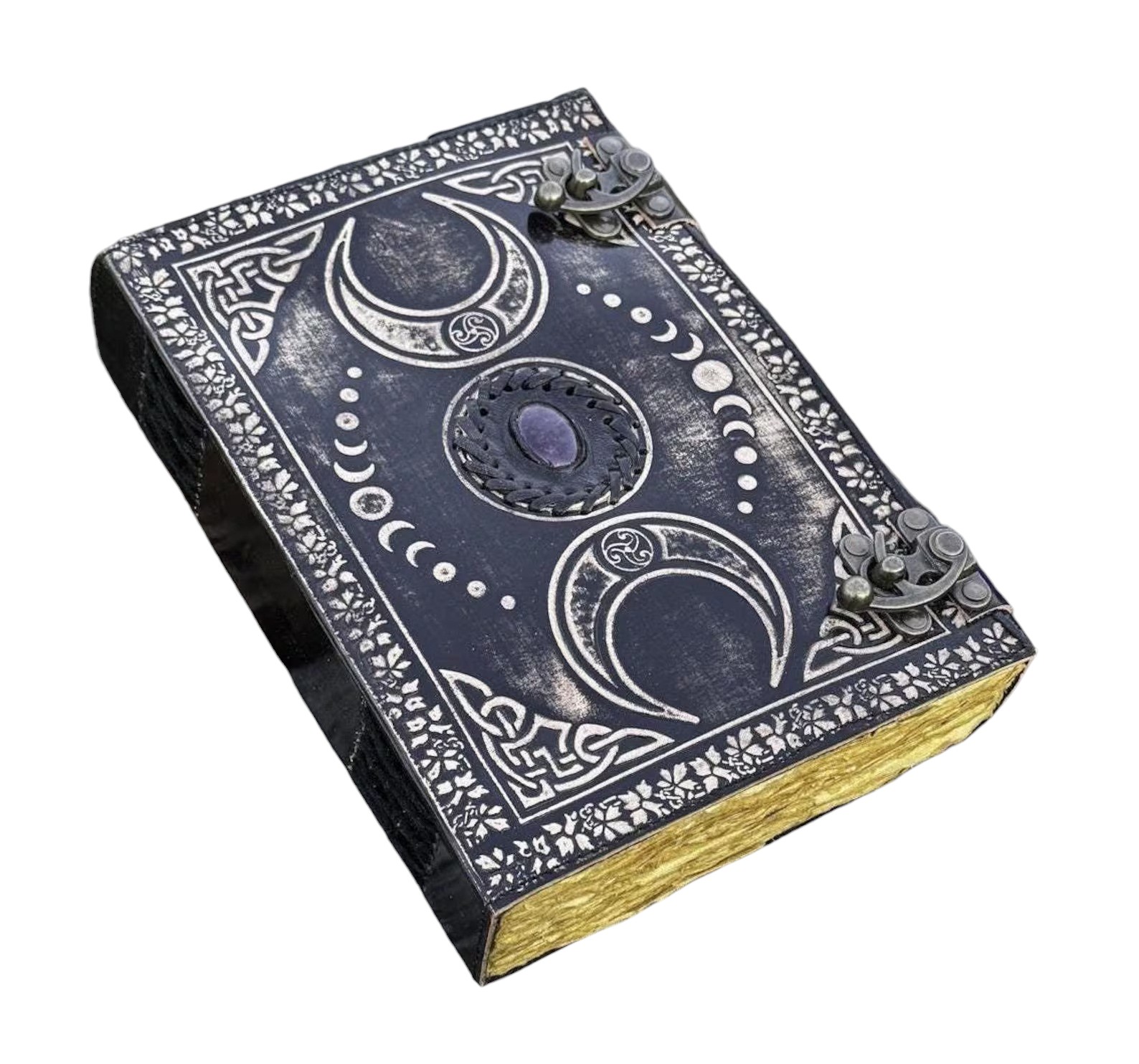 Triple Moon Goddess Leather Journal | 400 Vintage Pages | 5 Stone Choices | Personalised Grimoire, Wicca Notebook | Massive Book